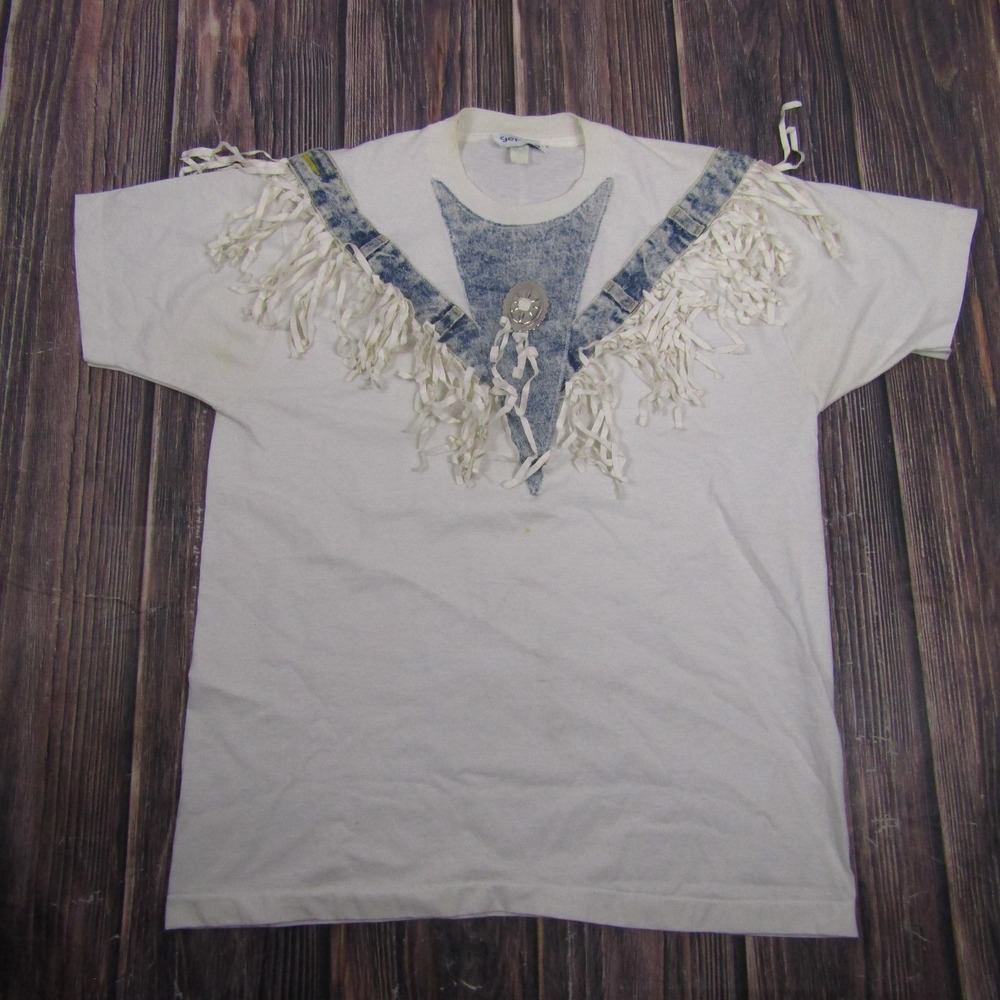 Gepetto Western Fringe Shirt Mens Large White Denim Yoke Cowboy Graphic Tee